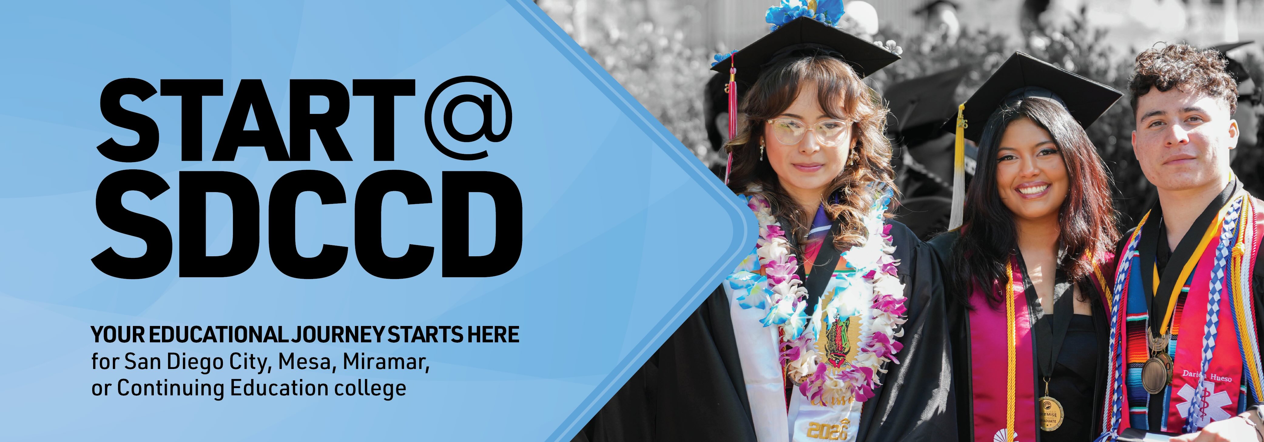 Three students at commencement text reads start at sdccd