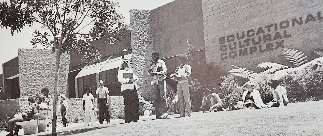 Students on the grass outside the front of ECC in 1981.