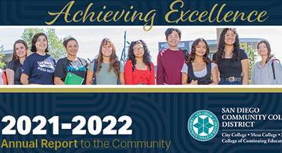 Cover of the annual report shows a row of nine students in a group photo. Text reads Achieving Excellence.