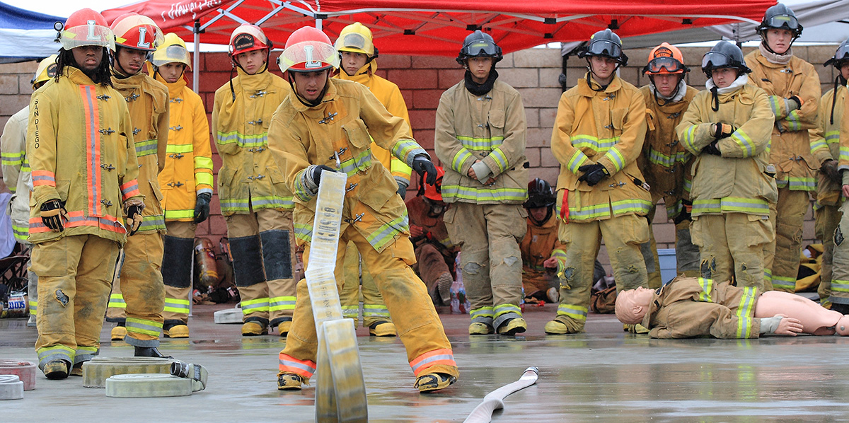 Lincoln High School students participating in a fire technology class, taught by community college instructors as part of a dual enrollment program.