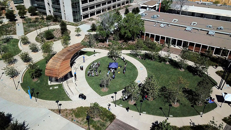 An aerial view of the mesa quad with grass and trees.