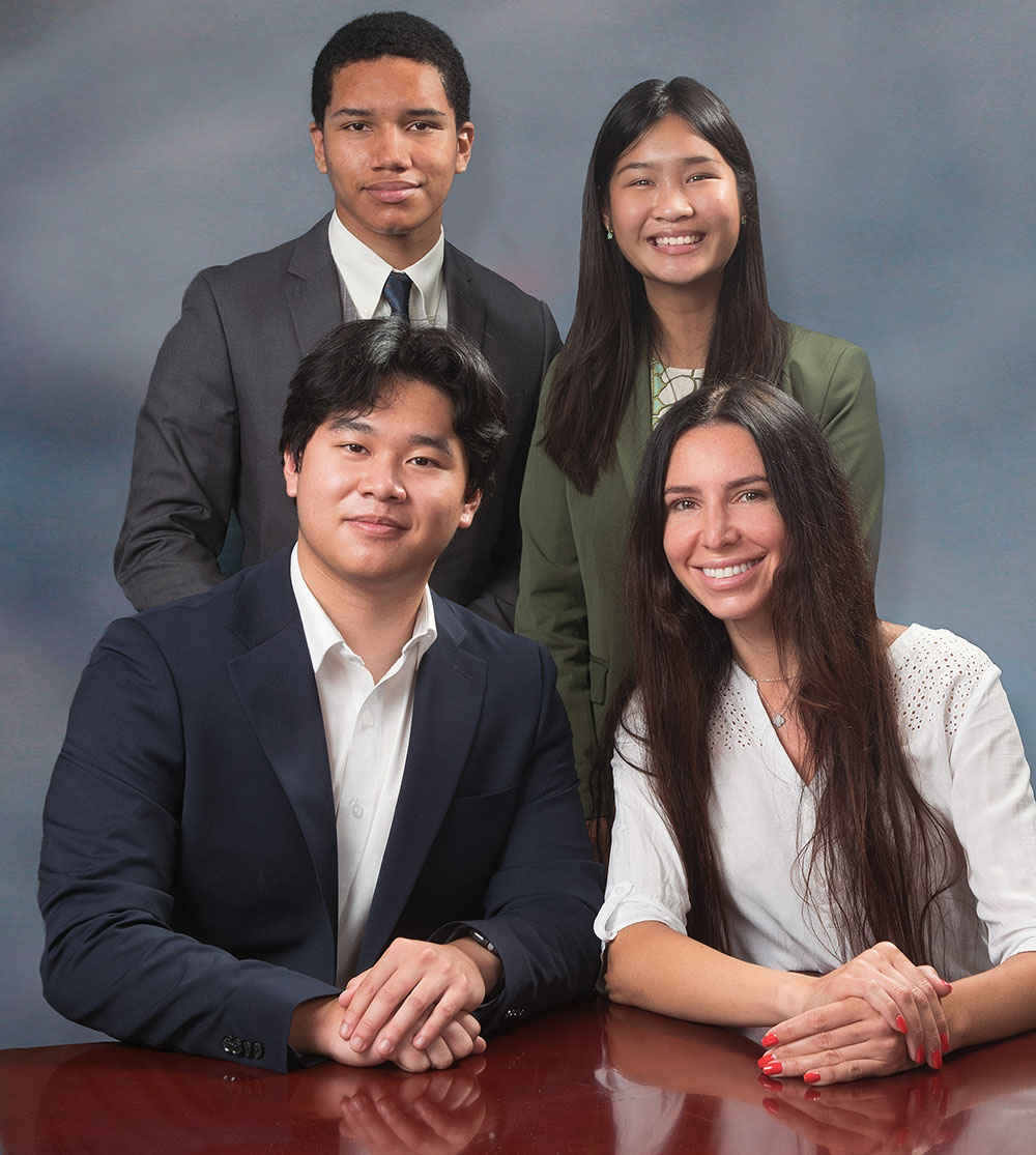 Portrait photo of student trustees from left, back row) Diego Bethea and Phoebe Truong; (from left, front row) Allen Kuo and Julia Kogan