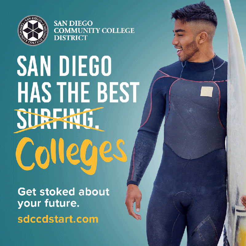 A surfer in a blue wetsuit holds a white surfboard. Text reads San Diego has the best surfing. Surfing is crossed out and replaced with colleges. Get stoked about your future. sdccd start dot com