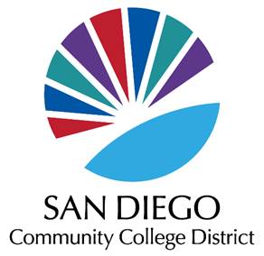 District logo has a royal blue bottom with the campus colors coming off of it like a sunburst