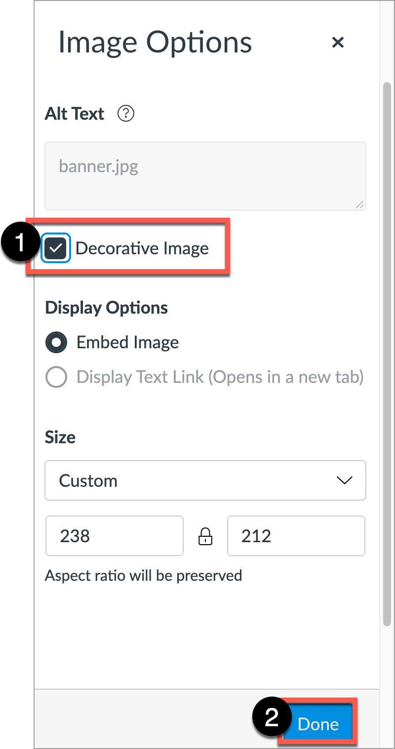 For decorative images, in Image Options window, select “Decorative Image” then select Done. 