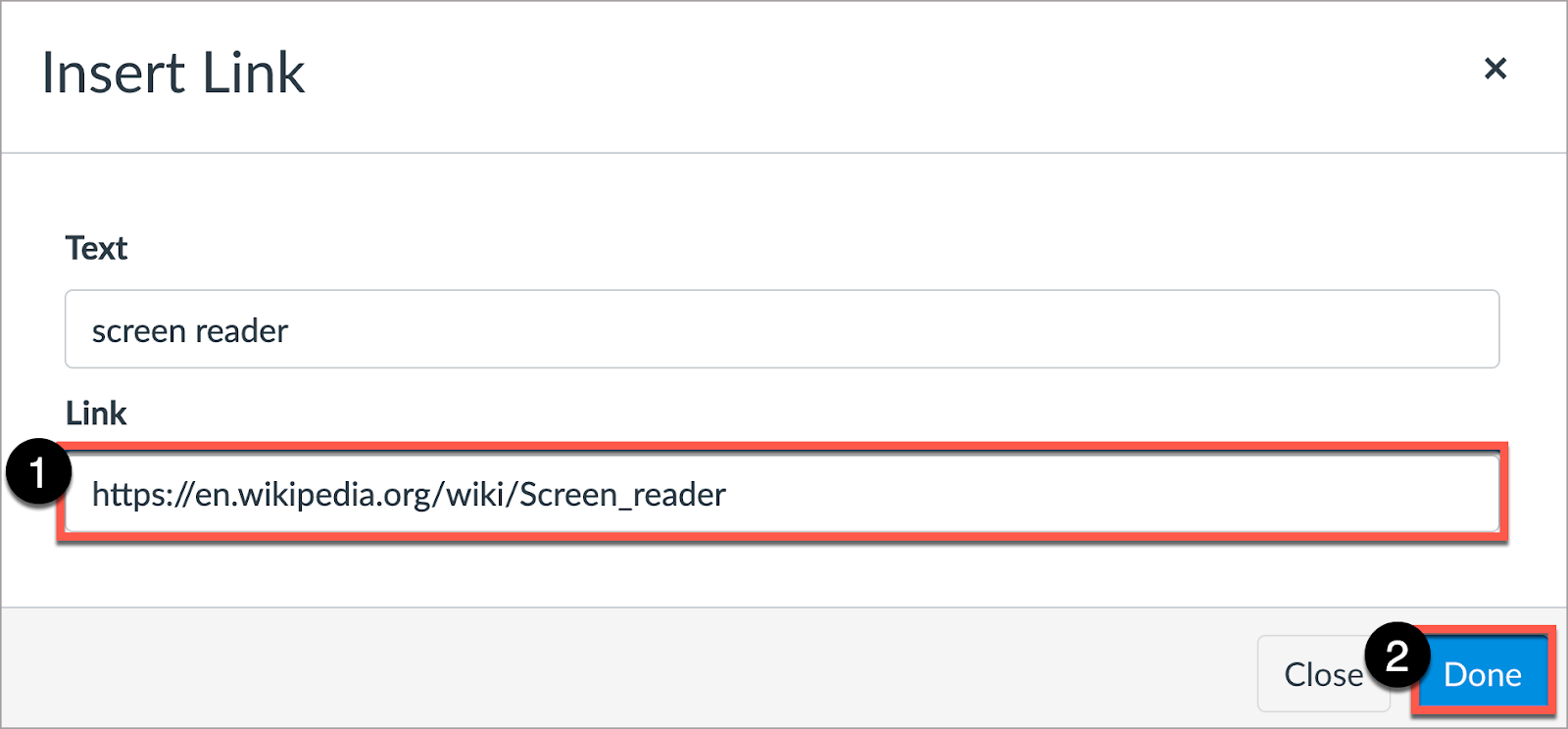 In Insert Link window, write description under Link field, then select Done. 