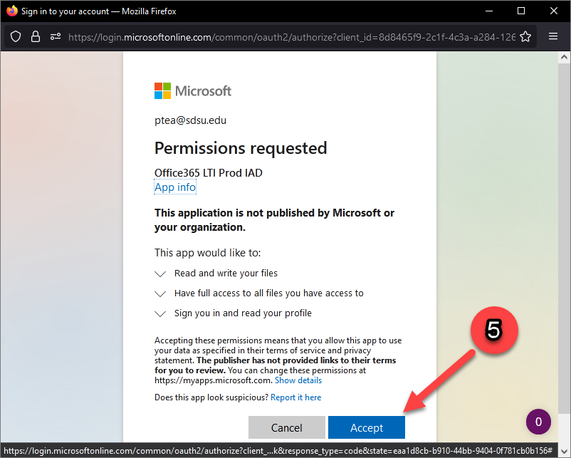 Permission window for Office 365