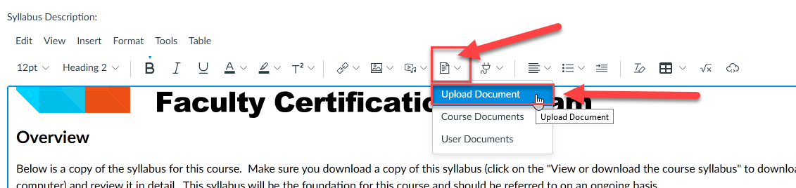 Screenshot of the Rich Content Editor showing how to upload a document