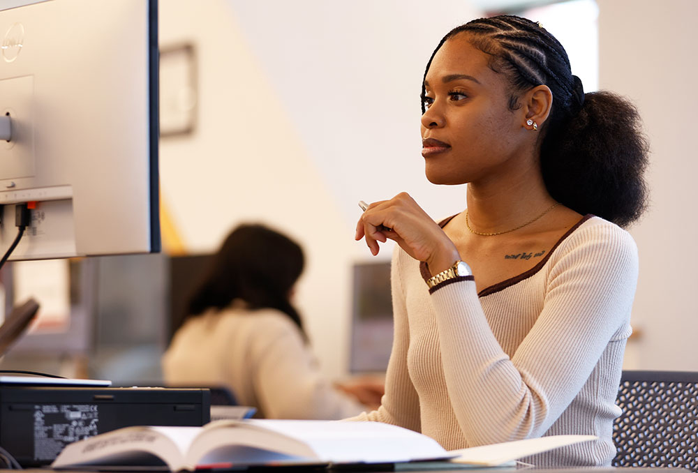 A lady at a desk looking at a computer