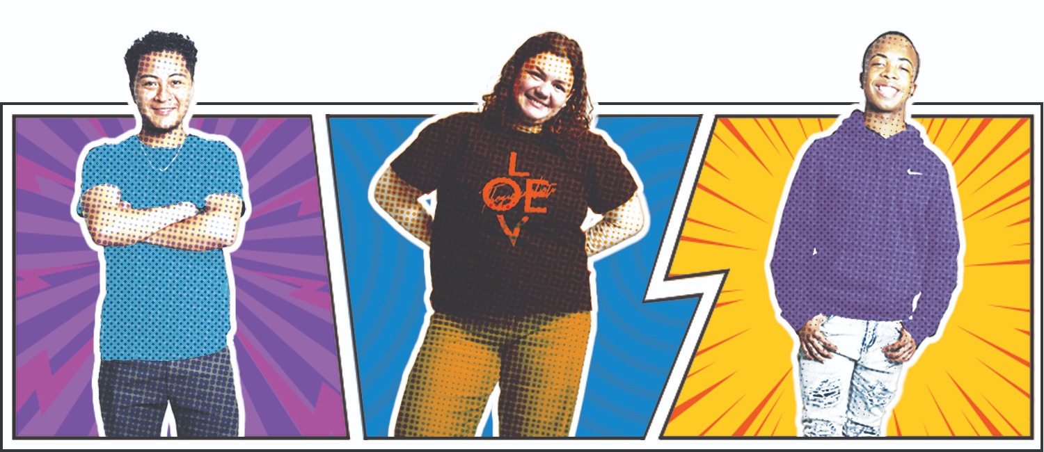 Three Promise students with colorful comic book type backgrounds