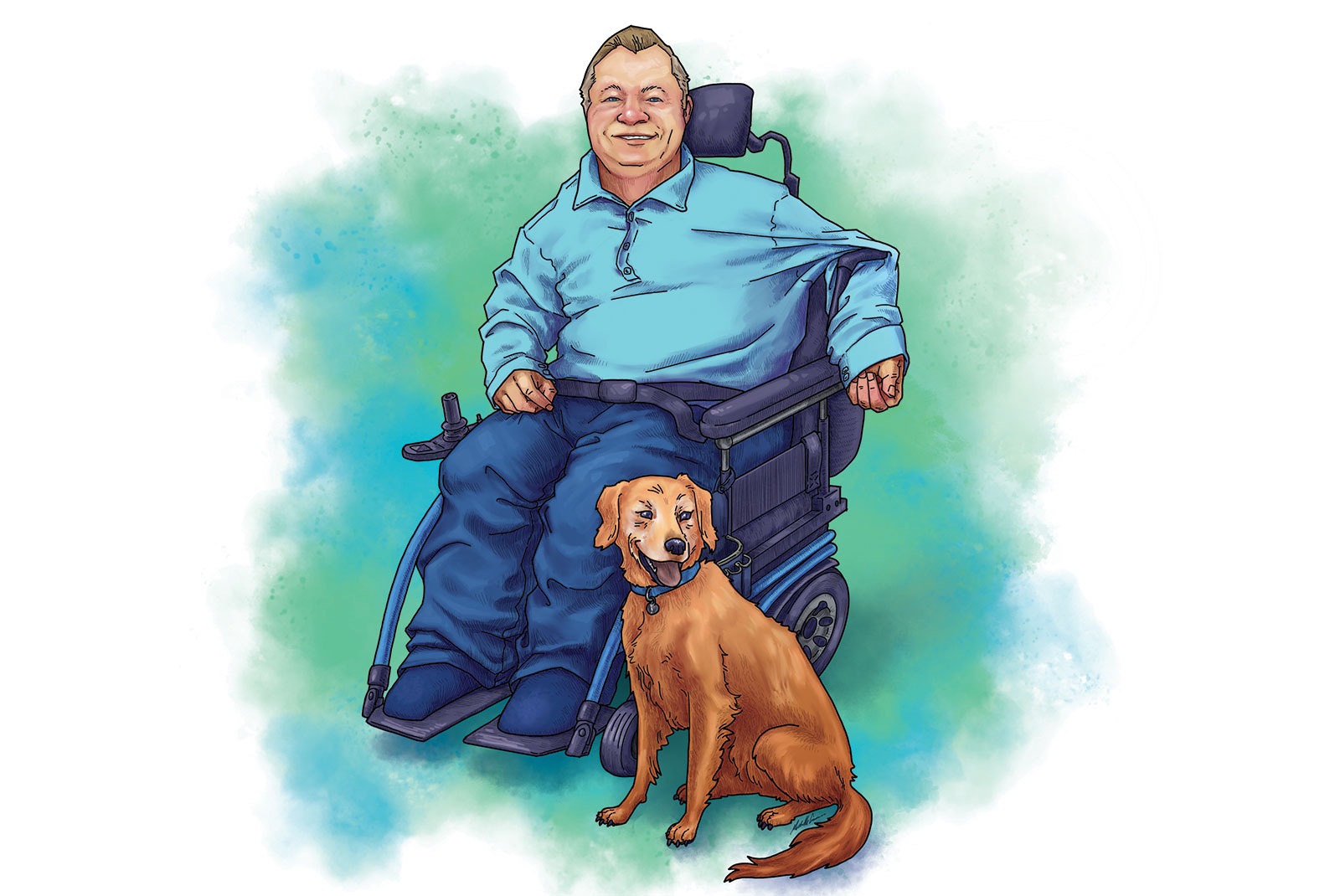 An illustration of Rusty Krumm with his golden retriever service dog