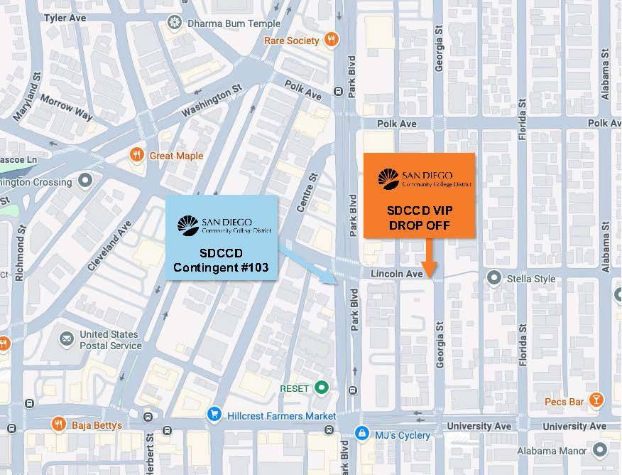 Map shows the district VIP drop off area on Lincoln Avenue just before Park Boulevard