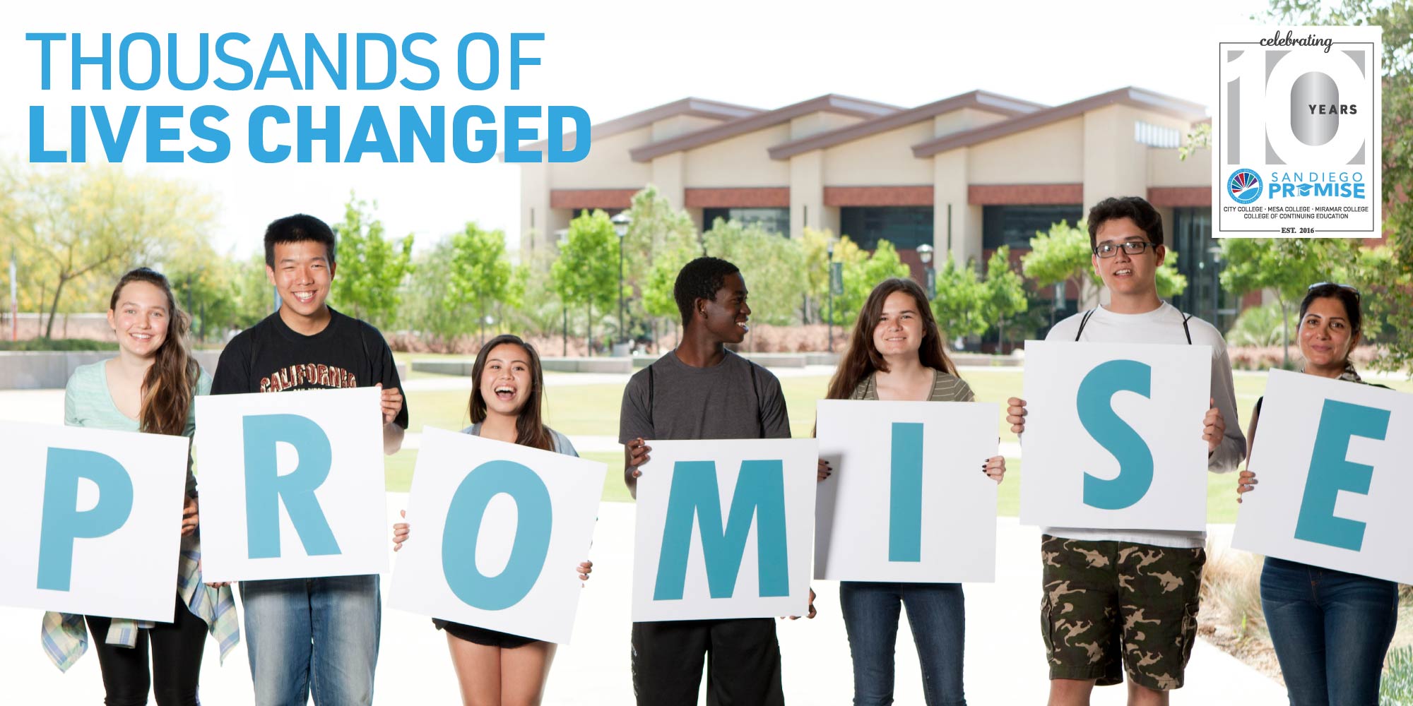 Seven students hold up letters spelling Promise. Text reads thousands of lives changed.