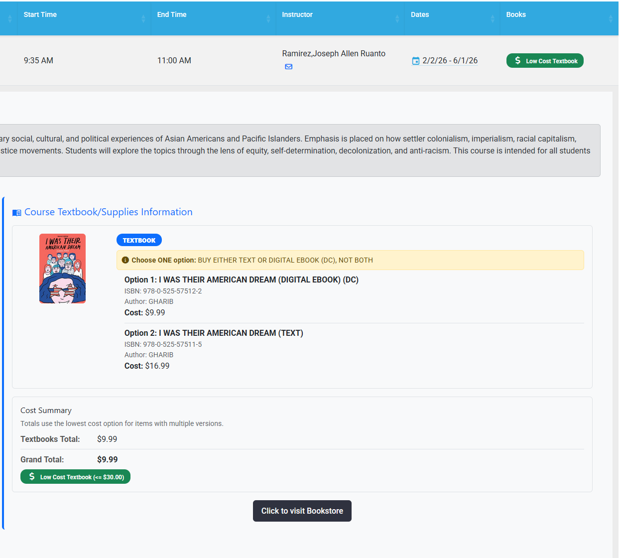 The Course Textbook information for a course that is listed as Low Textbook Cost
