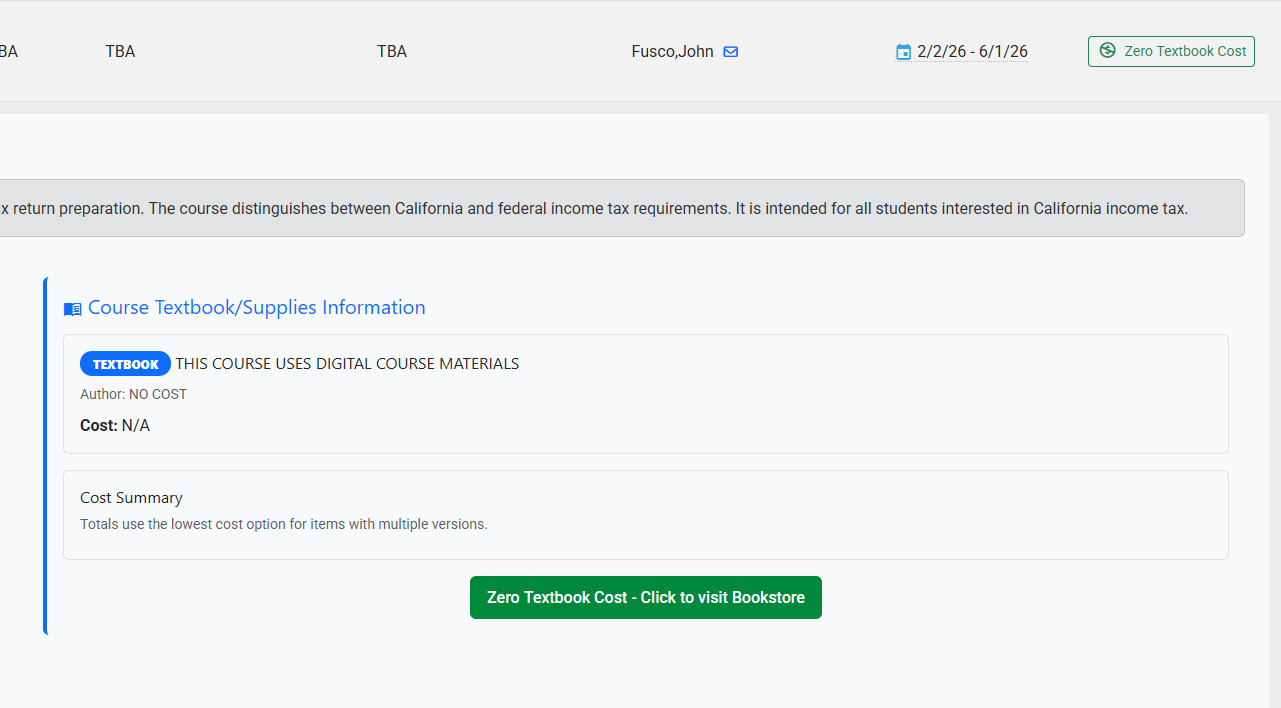 The Course Textbook information for a course that is listed as Zero Textbook Cost