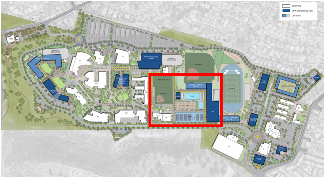 Map of Mesa College with the site of the sports complex highlighted.
