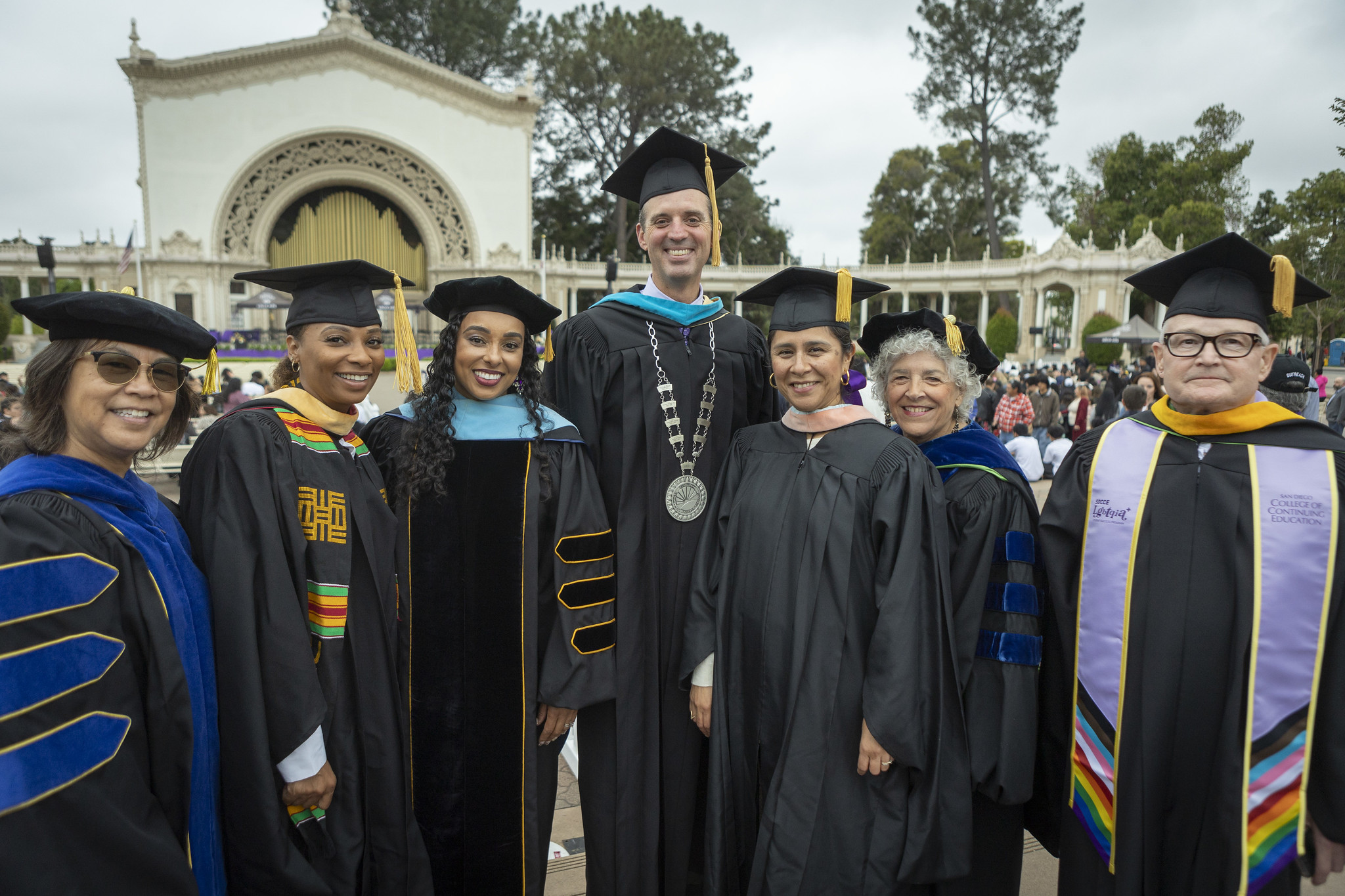 
From left, Trustee Marichu Magana, Trustee Mariah Jameson, College of Continuing Education President Tina King, Chancellor Gregory Smith, and Trustees Geysil Arroyo, Maria Nieto Senour, and Craig Milgrim in graduation regalia before the start of commencement.
