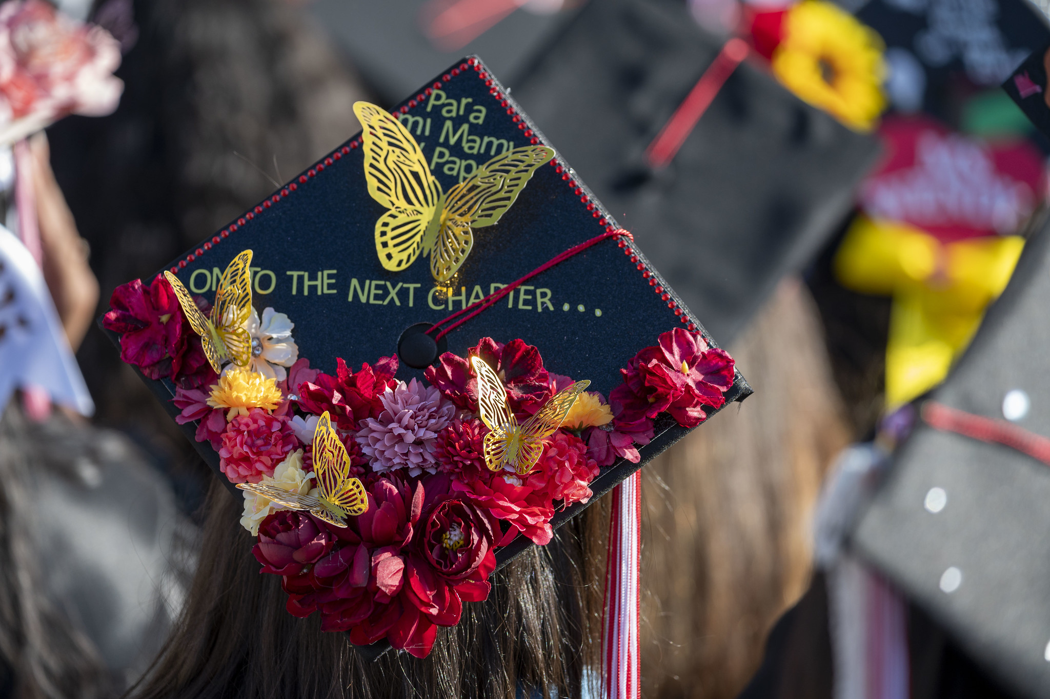 
A black graduation cap decorated with flowers and butterflies that reads Para mi mama y papa and on to the next chapter.
