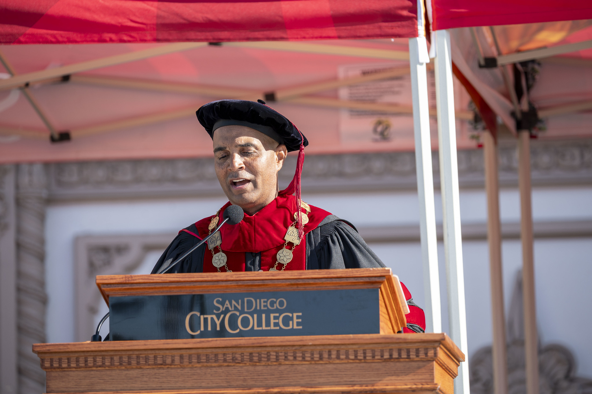 
City College President Ricky Shabazz speaks during commencement.
