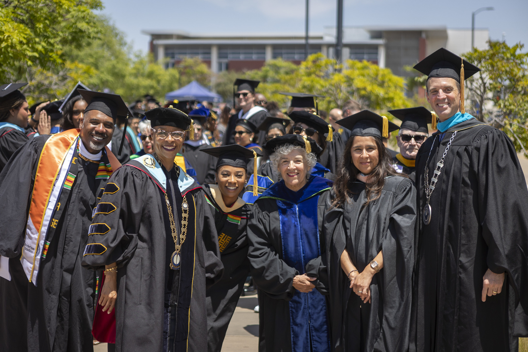 
President of Mesa College Ashanti Hands, trustees Mariah Jameson, Maria Nieto Senour, and Geysil Arroyo, and Chancellor Gregory Smith at commencement.
