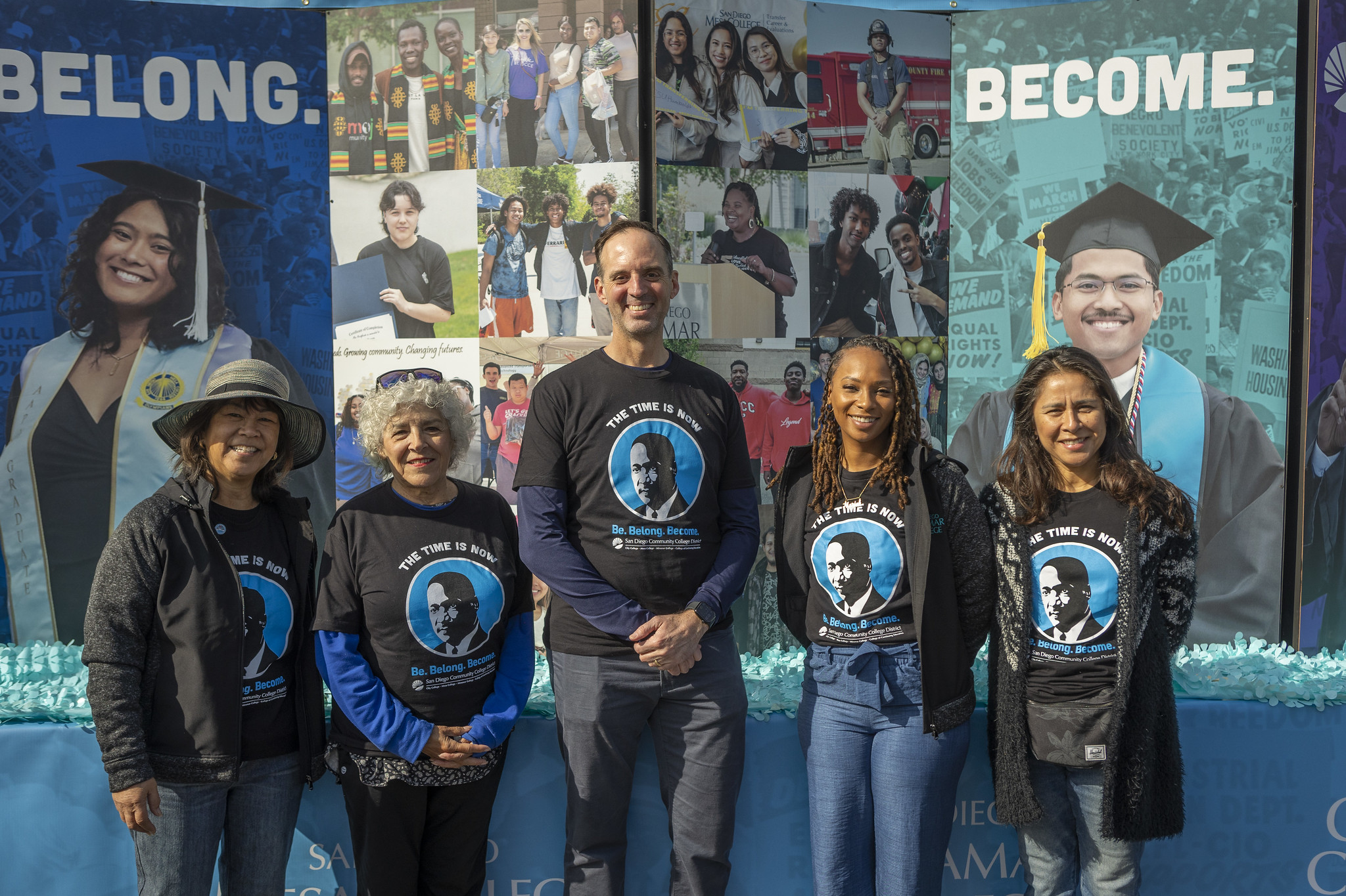 Chancellor Gregory Smith, center, with trustees Marichu Magana, Maria Nieto Senour, Mariah Jameson, and Geysil Arroyo.